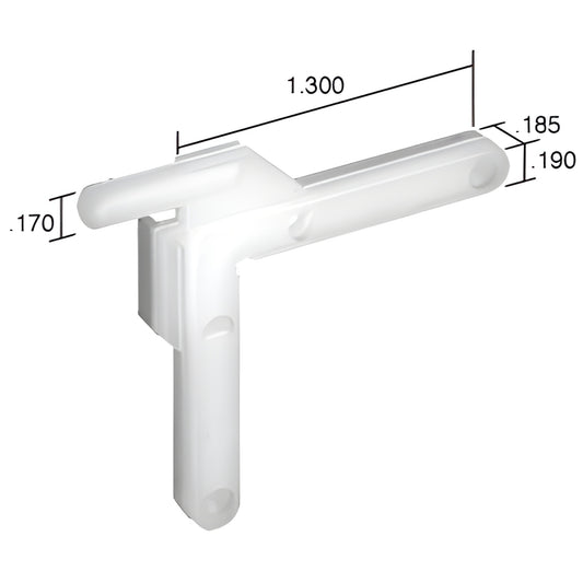 White molded nylon swivel corner key for storm windows (SKU SK315K), L-shaped with 1.300" arm and projecting pin.