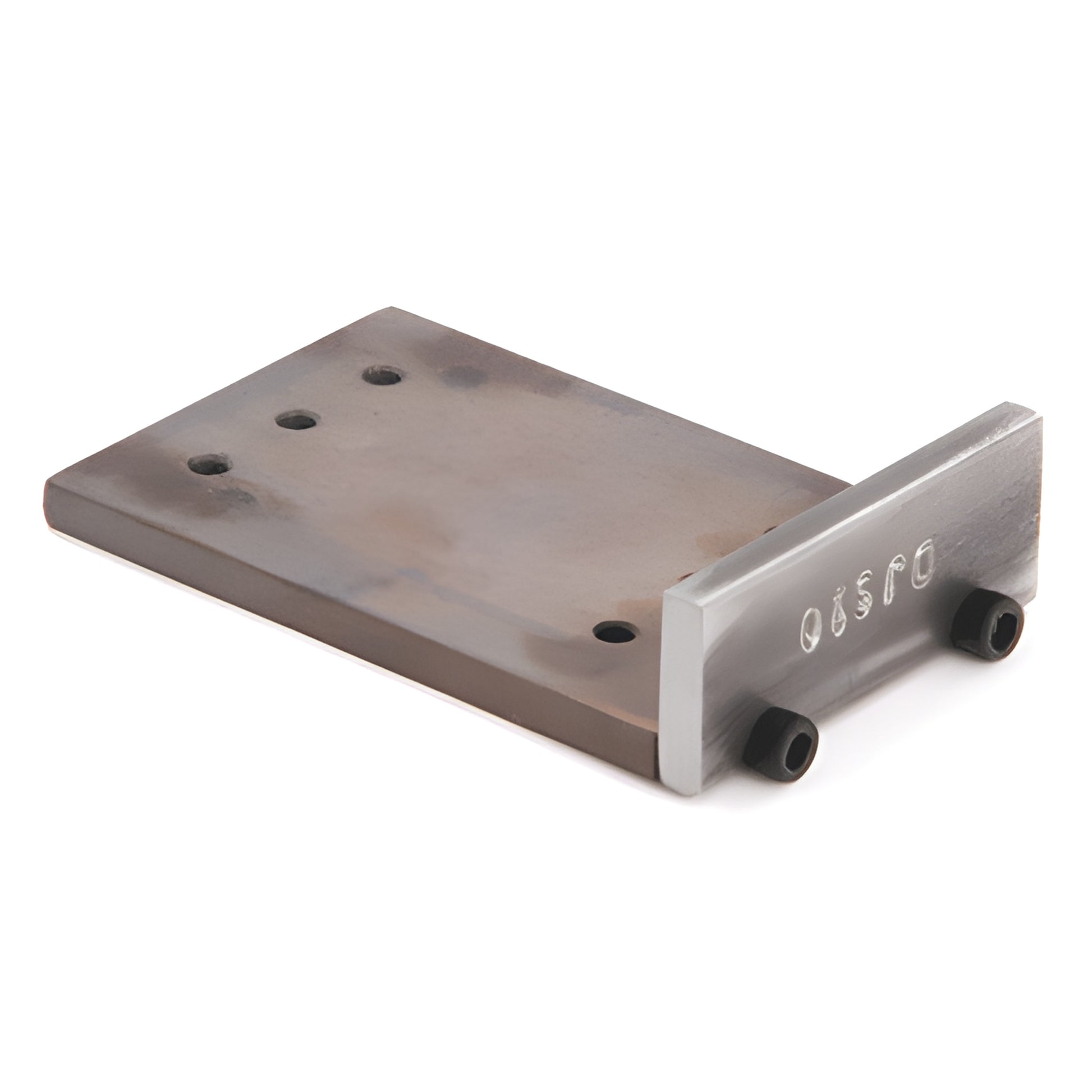 DJ610 mill finish aluminum curtain wall bracket - flat rectangular plate with three holes and end tab with two bolts.