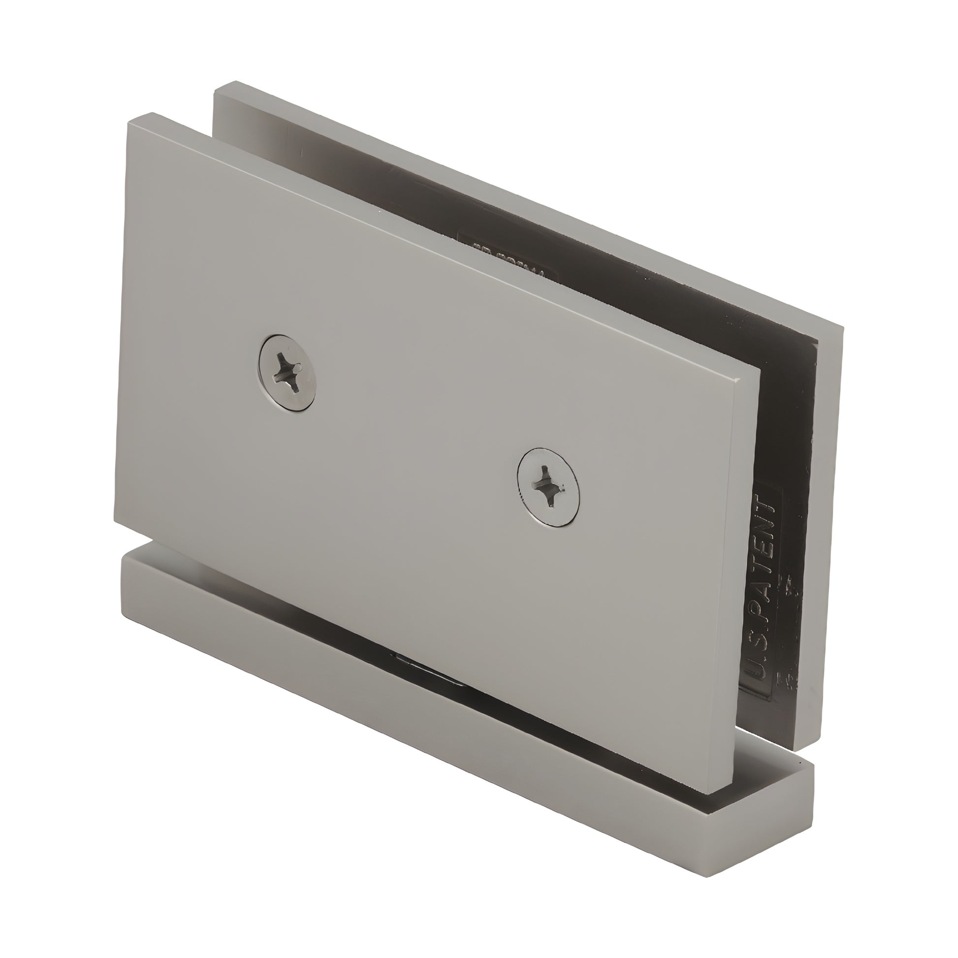 Satin nickel top-and-bottom pivot hinge (Senior Cardiff) for 1/2" tempered glass, brass construction, self-centering.