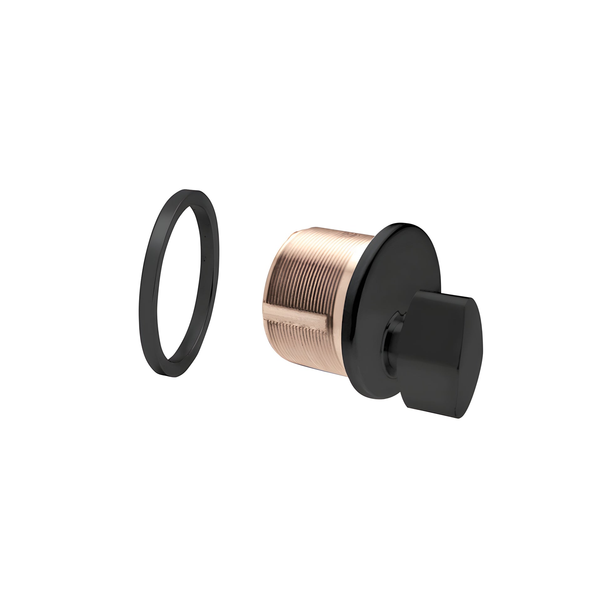 DRA20MBL matte black mortise thumbturn cylinder with brass body and black mounting ring, 1" length, 5 pin.