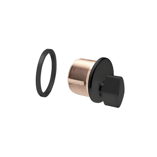 DRA20MBL matte black mortise thumbturn cylinder with brass body and black mounting ring, 1" length, 5 pin.