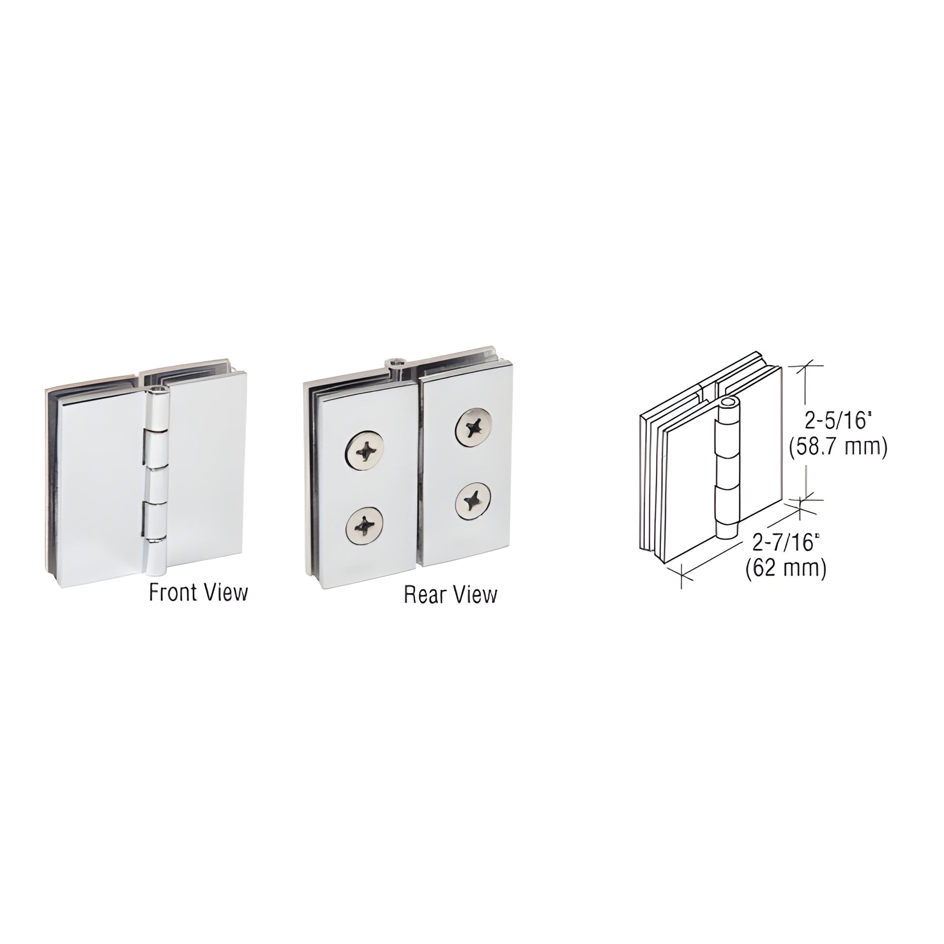 EH242 polished chrome brass 180 glass-to-glass hinge pair for 6-8mm glass, front and rear views with dimensions.