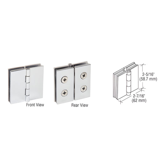 EH242 polished chrome brass 180 glass-to-glass hinge pair for 6-8mm glass, front and rear views with dimensions.