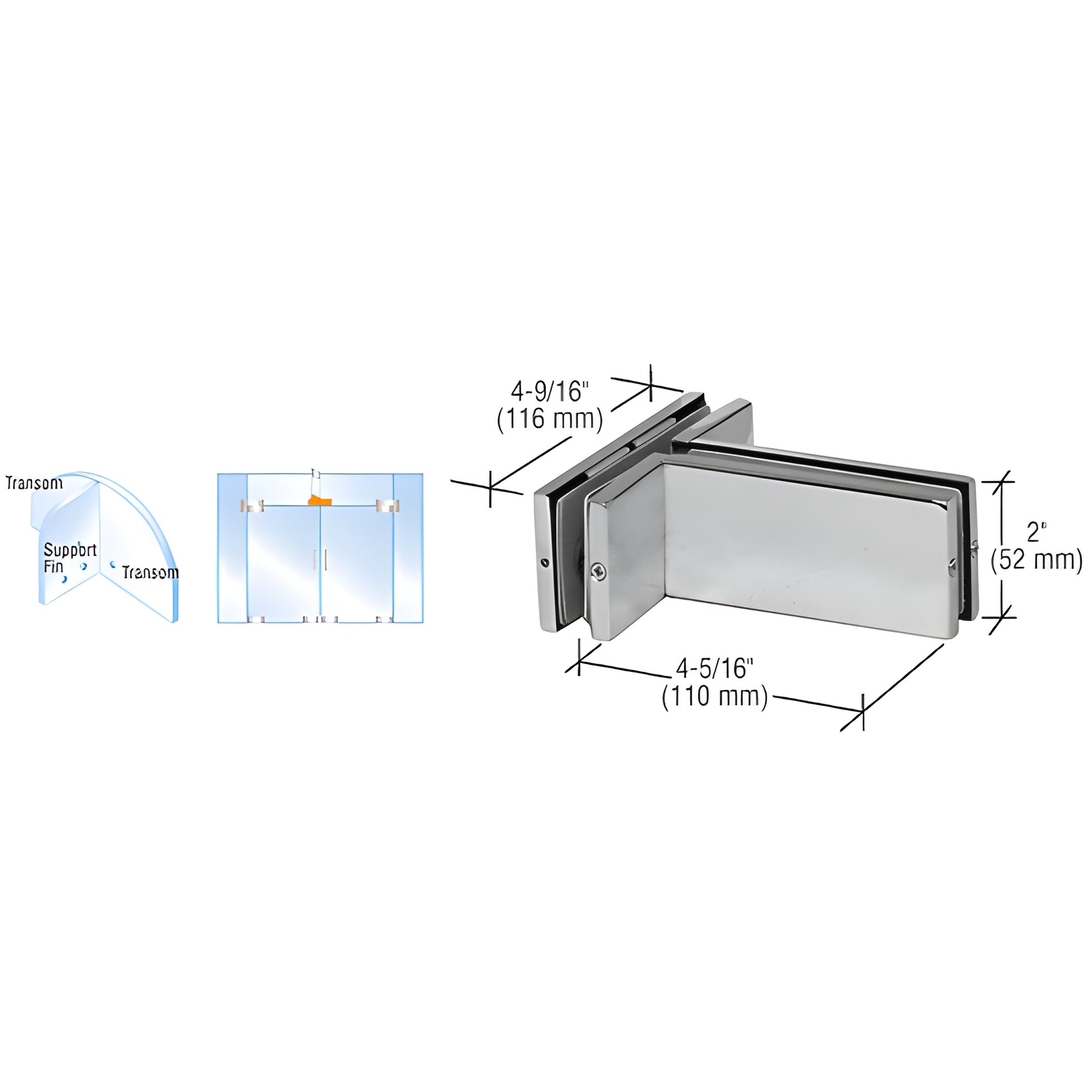 PH71BS brushed stainless transom-mounted patch connector with support fin bracket for 3/8" or 1/2" (10/12mm) glass