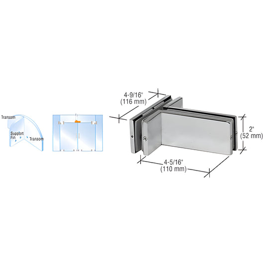 PH71BS brushed stainless transom-mounted patch connector with support fin bracket for 3/8" or 1/2" (10/12mm) glass