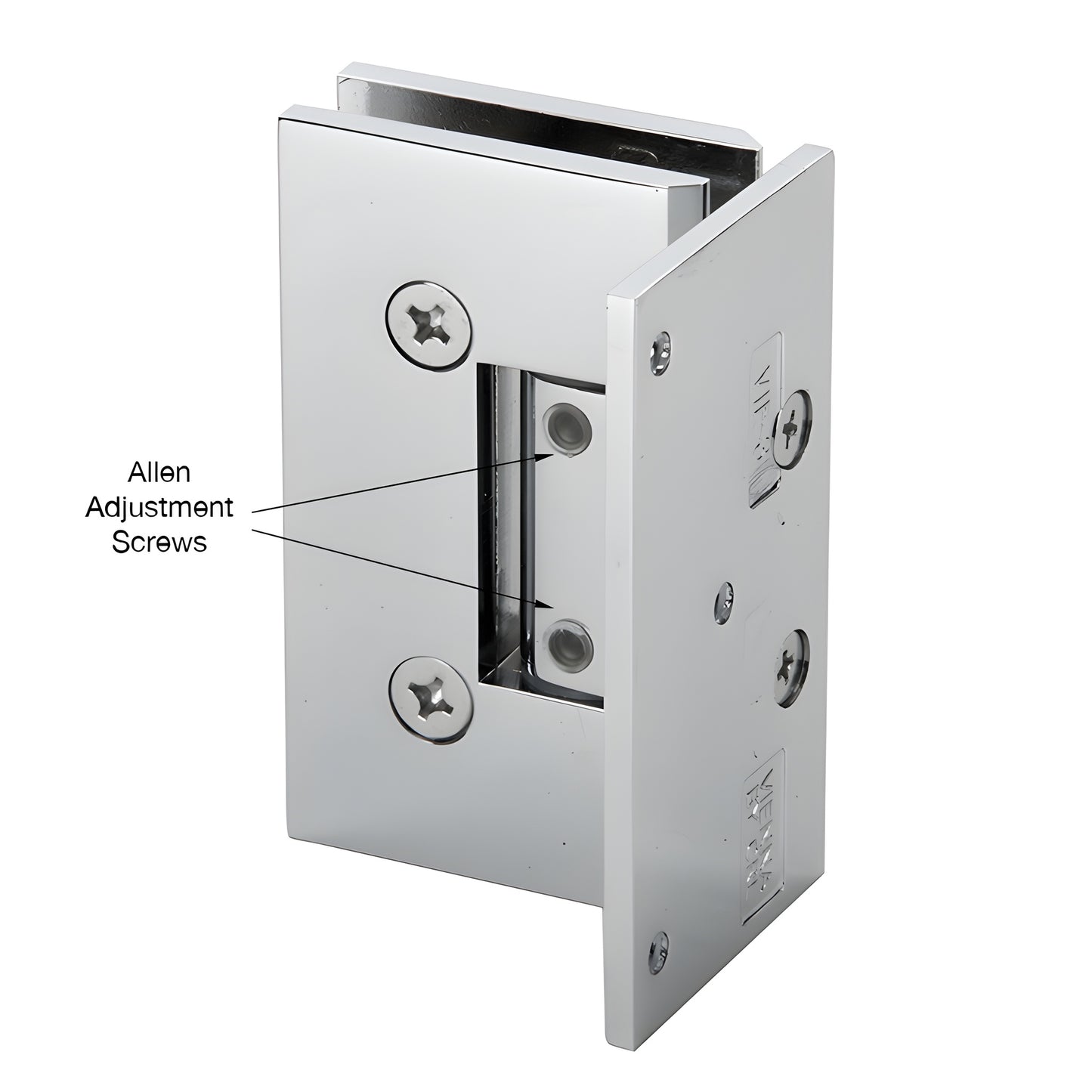 Vienna V1E344CH polished chrome offset adjustable shower door hinge, brass wall-mount plate, squared design.