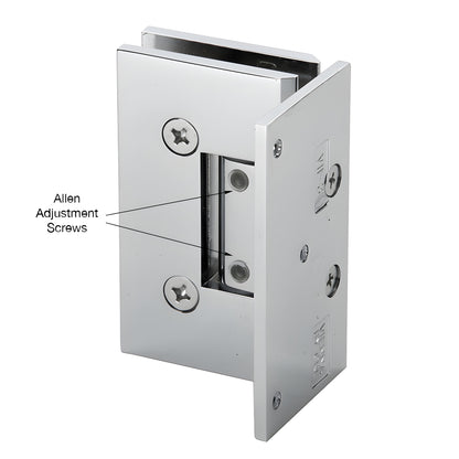 Vienna V1E344CH polished chrome offset adjustable shower door hinge, brass wall-mount plate, squared design.