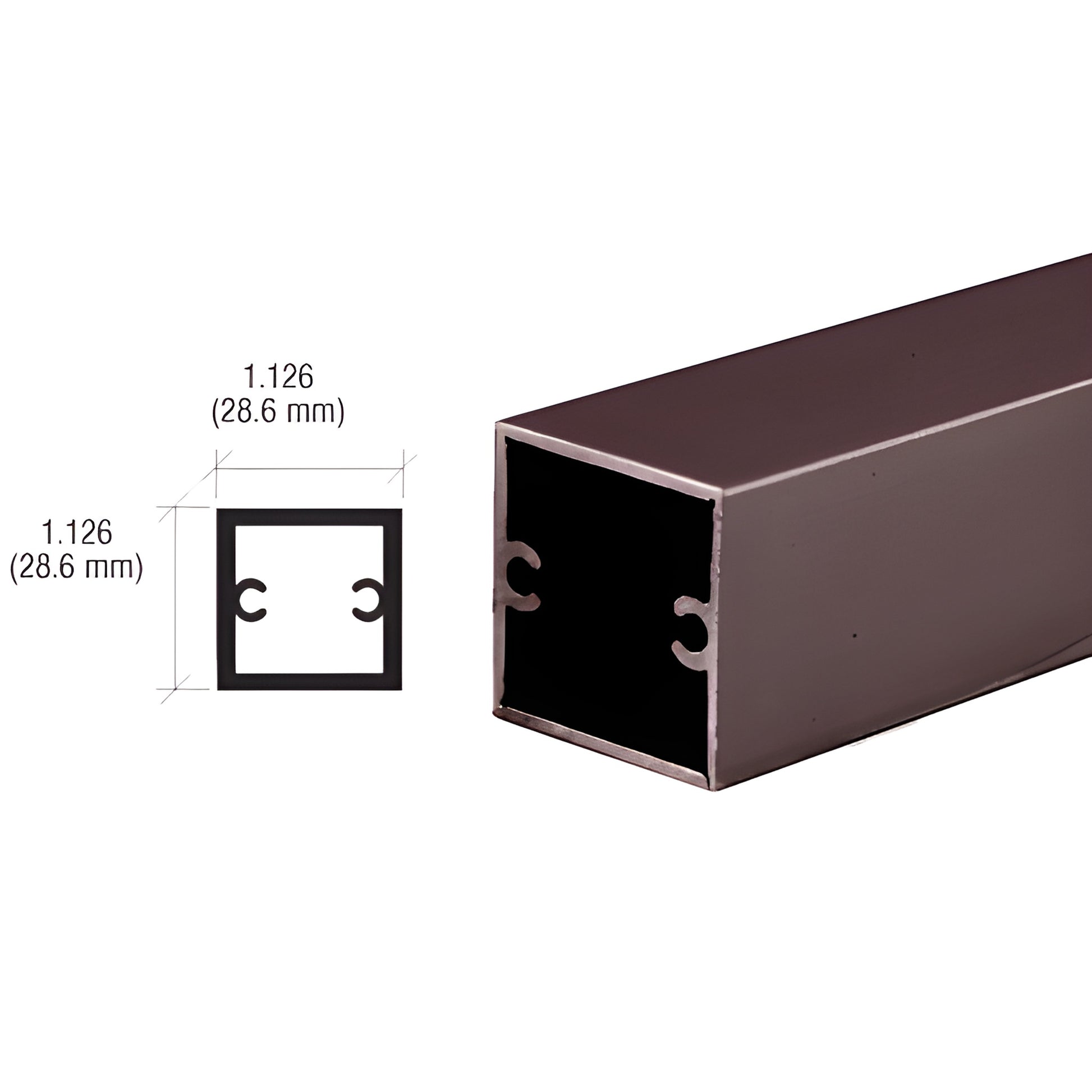 D630DU dark bronze anodized 1.126" (28.6 mm) square aluminum partition post profile, ready-to-cut 12' stock