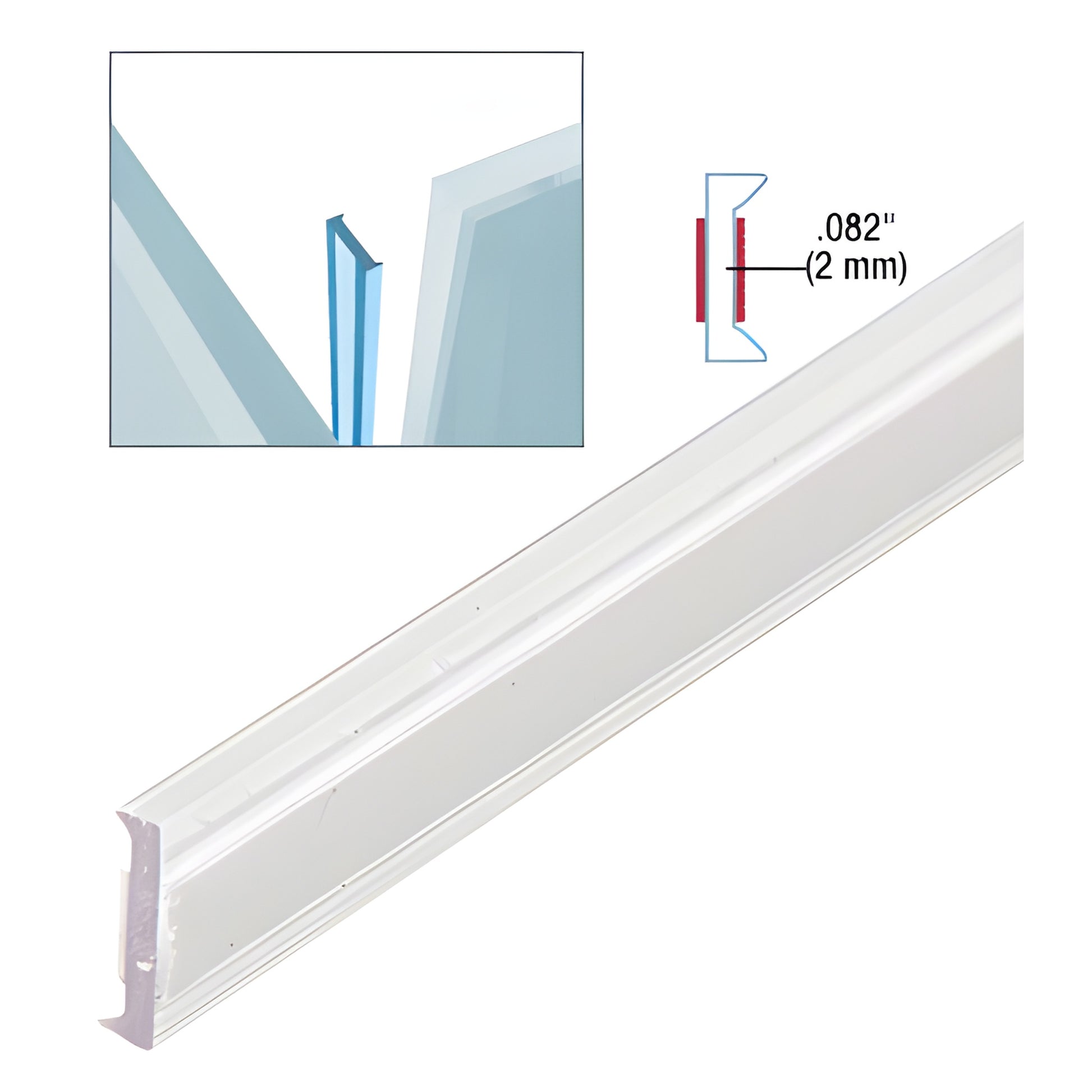 EZCE128 clear copolymer abutment strip for frameless glass partitions, 120" long, fits 1/2" glass, pre-taped.