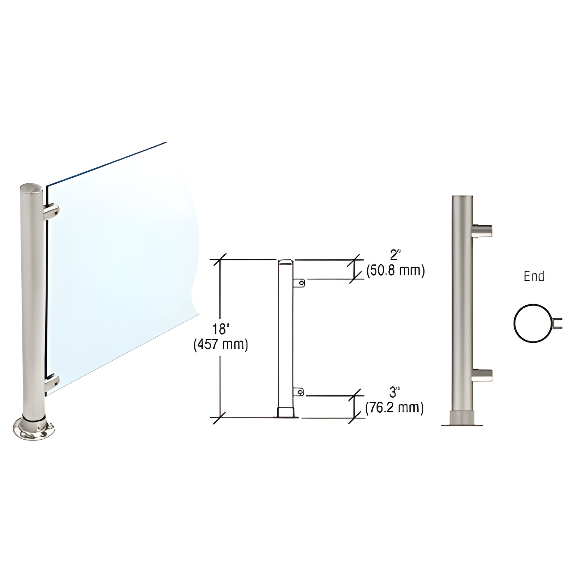 PP56EBS: Brushed stainless slimline 18 in round end post with adhesive round flange, fittings for 3/8 in glass partition.