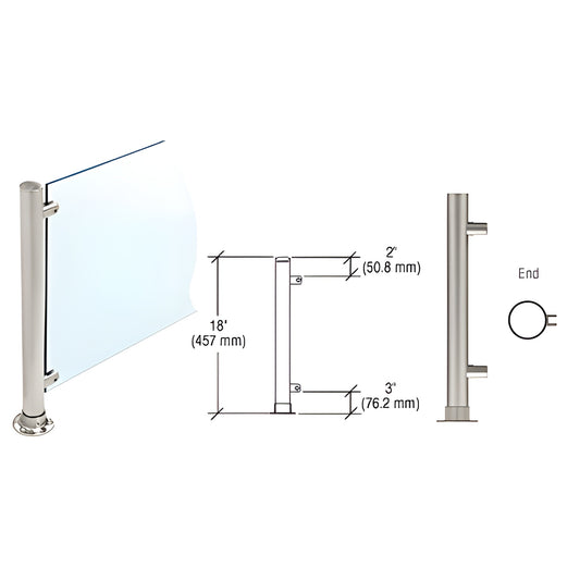 PP56EBS: Brushed stainless slimline 18 in round end post with adhesive round flange, fittings for 3/8 in glass partition.