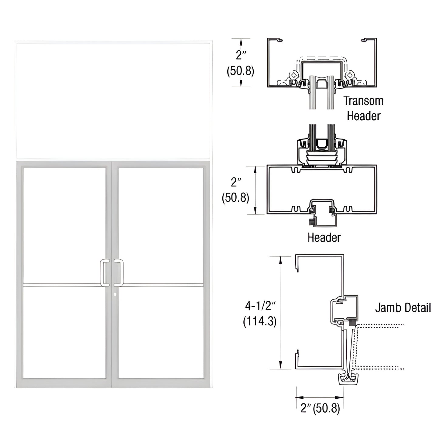 White Kynar gear-hinge transom frame with open-back jambs, double-door, aluminum threshold, 2" x 4-1/2" profile