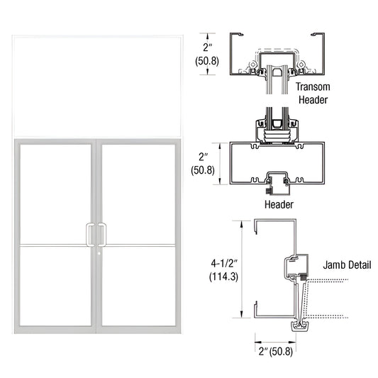 White Kynar gear-hinge transom frame with open-back jambs, double-door, aluminum threshold, 2" x 4-1/2" profile