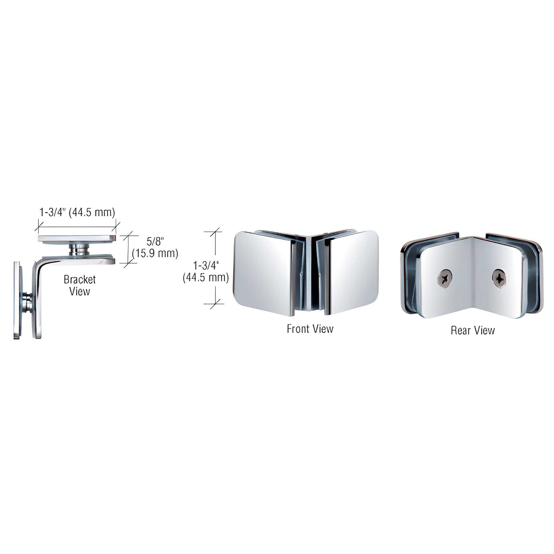 GCB90CH polished chrome 90 solid brass glass-to-glass clamp for 8-12mm (5/16-1/2") frameless showers.