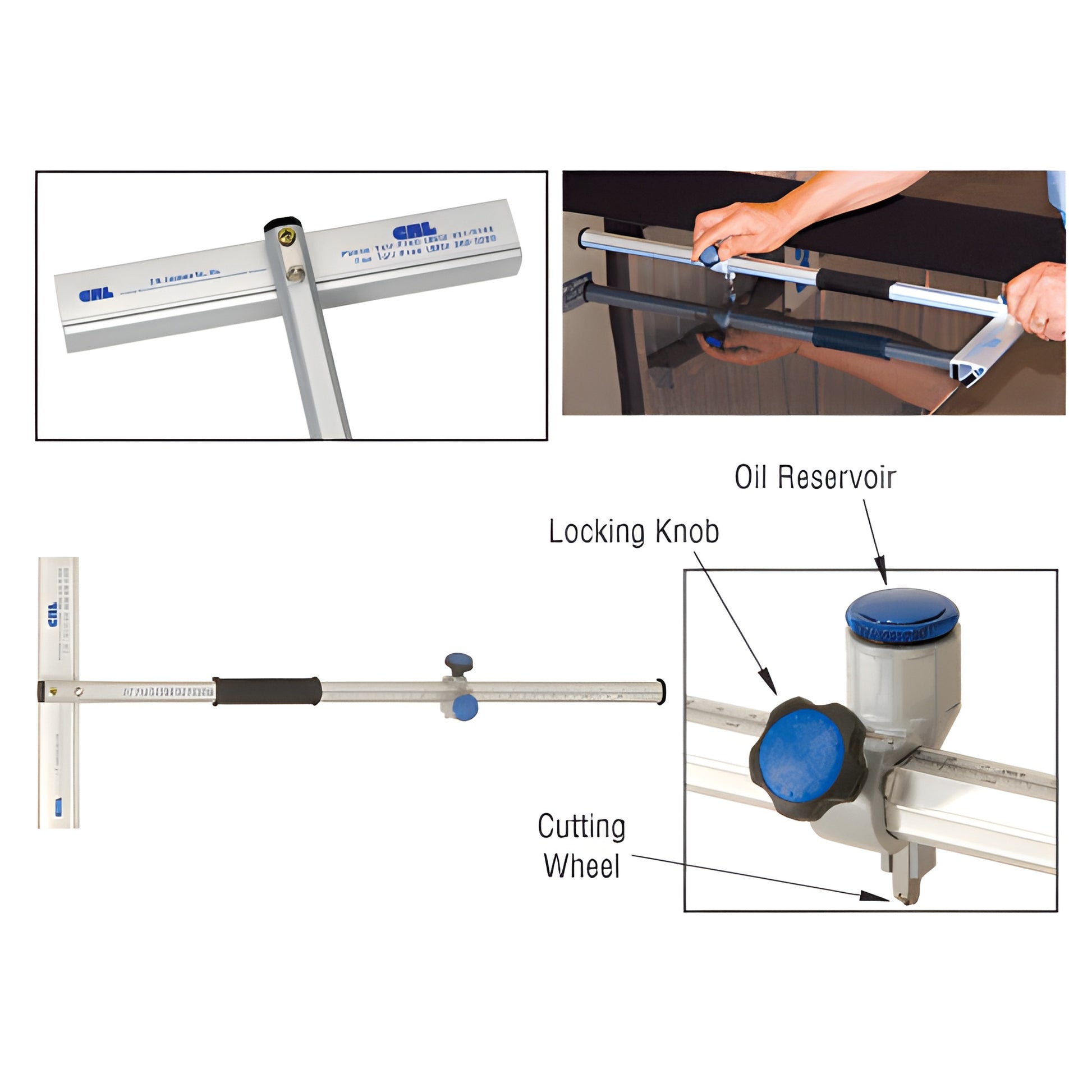 PTC24 24in oil-feed T-cutter: aluminum T-bar, oil reservoir, carbide cutting wheel and adjustable edge guides for glass.