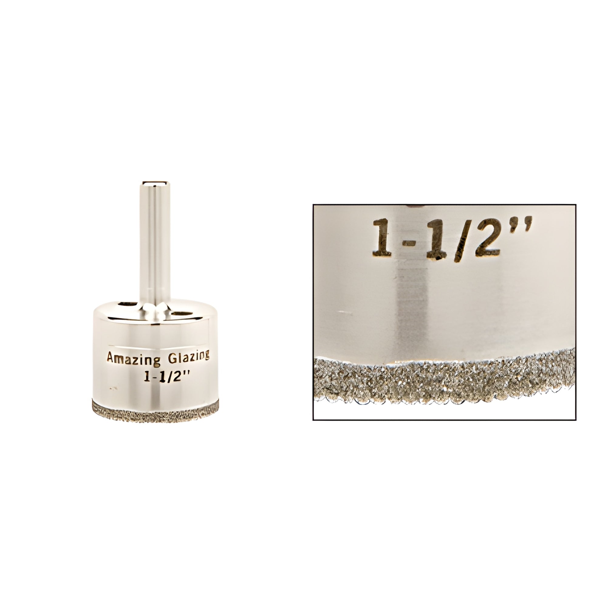 AG112 1-1/2" plated diamond glass drill bit with sawtooth diamond rim, reduced 3/8" round shank.