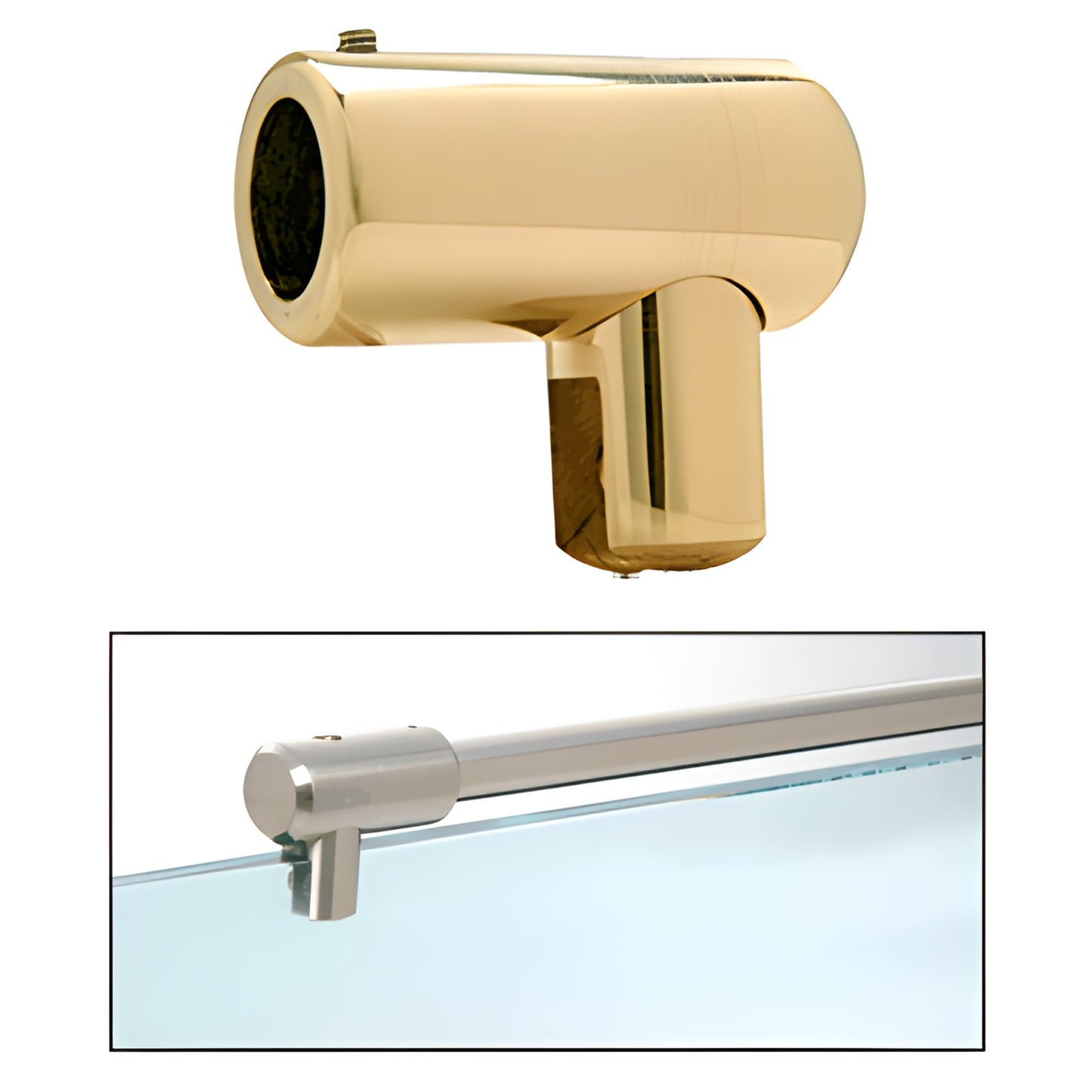 S5BR polished brass U bracket for 3/8-1/2" (10-12mm) tempered glass; swiveling support bar connector for frameless showers.