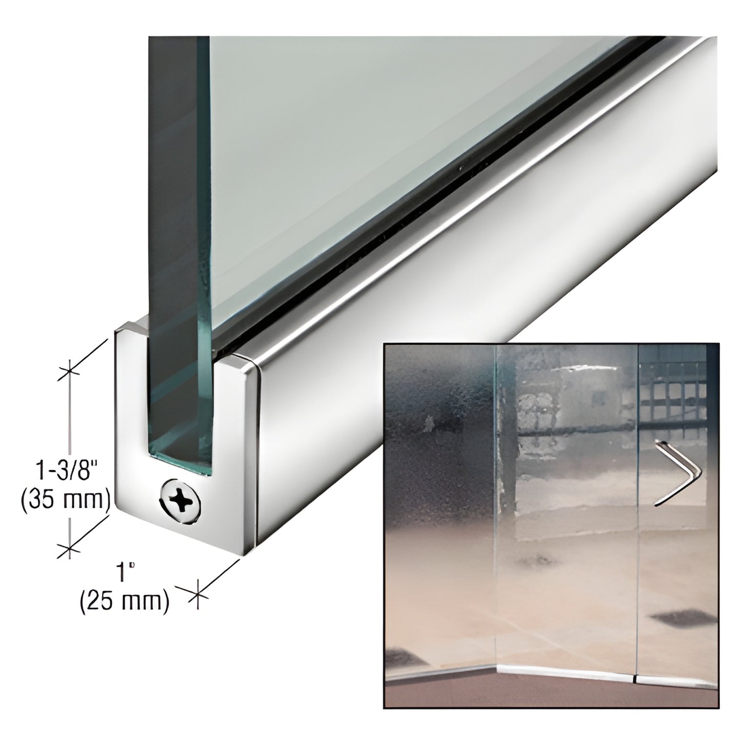 Polished stainless steel slender door rail for 1/2" (12 mm) tempered glass, 35 mm high - SKU SP35PS12S