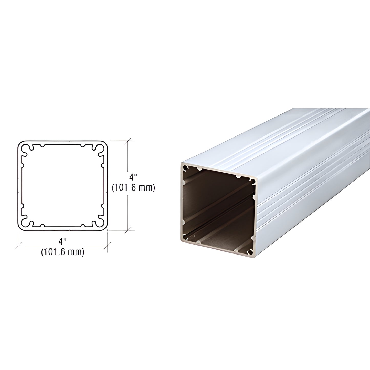 4P241CA 4" x 4" clear anodized aluminum square hollow railing post, extruded profile, 20'1" stock length