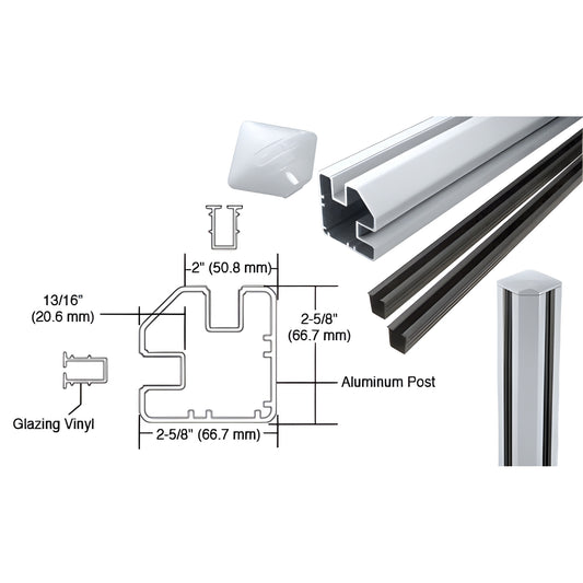 S60CRKM: Mill-finish aluminum 90 corner post kit for frameless glass railings with glazing vinyl and cap, fits 6-12mm glass.