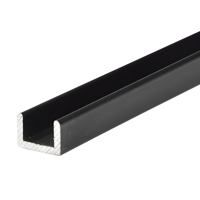 Matte black aluminum U channel (SKU SDCR38MBL) for 3/8 glass, shallow profile, 95 stock length, frameless shower use.