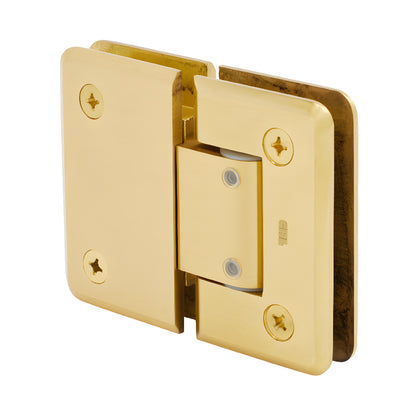 Satin brass Pinnacle adjustable glass-to-glass shower hinge (P1N380SB), solid brass beveled edge, self-centering