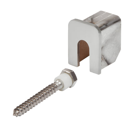 Brushed stainless steel stabilizing end cap with lag screw and nylon spacer for 11-gauge glass cap railing (SKU GRL10SECBS)