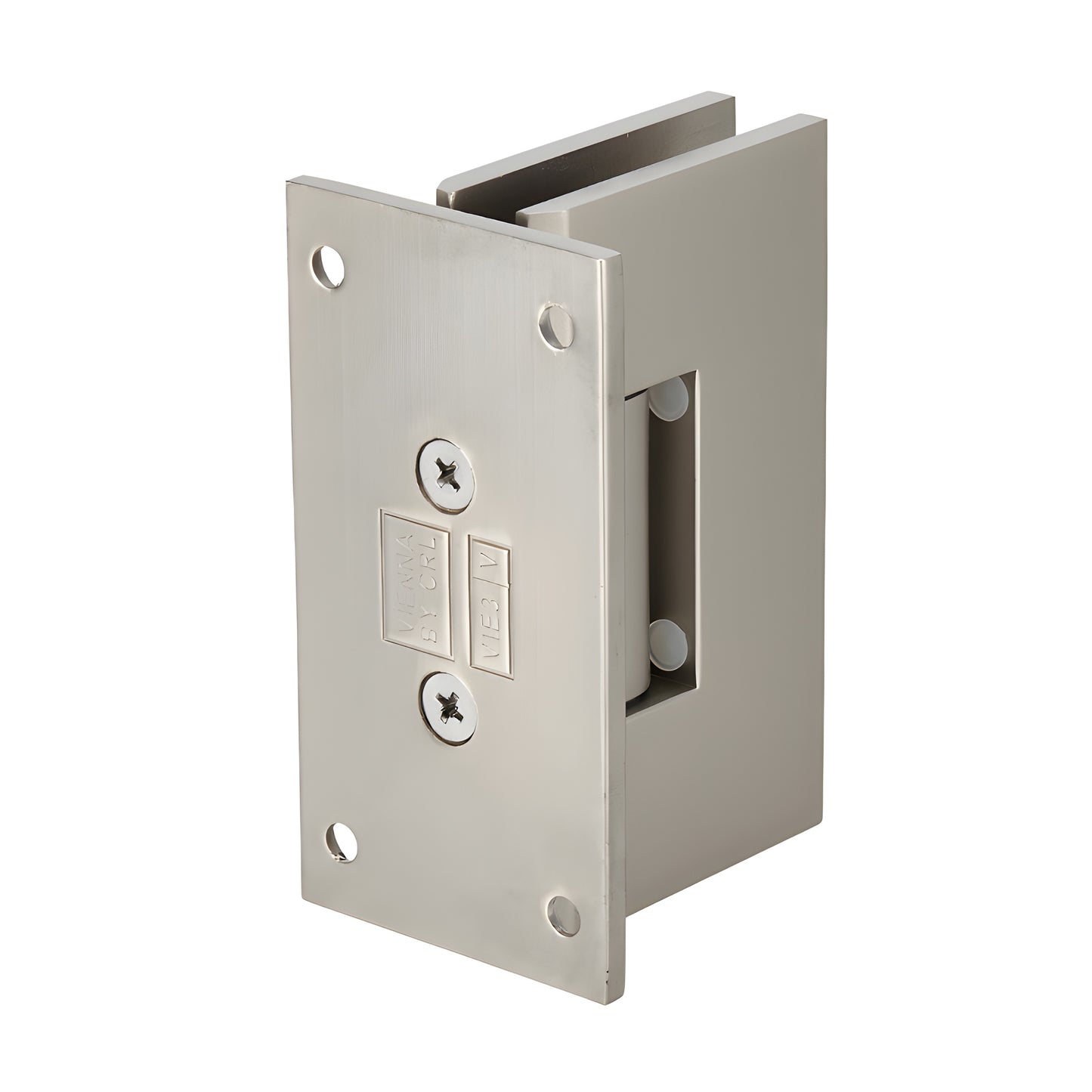 CRL Vienna adjustable shower door hinge, satin nickel brass, wall-mount full back plate, fits 10-12mm glass (SKU V1E337SN)