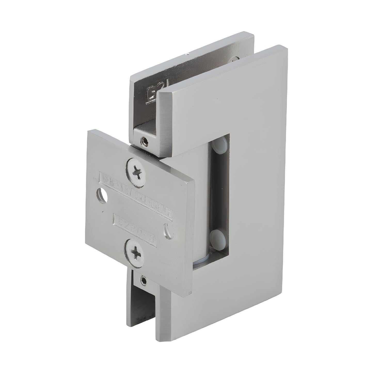 GEN280BN brushed-nickel pony wall mount shower hinge for 8-12mm glass, self-centering square brass pivot.