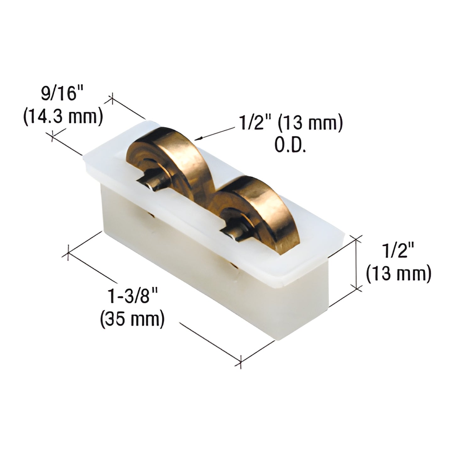 CRL G3119 window roller, nylon 9/16 in housing with two 1/2 in flat-edge brass tandem rollers, 1-3/8 in long