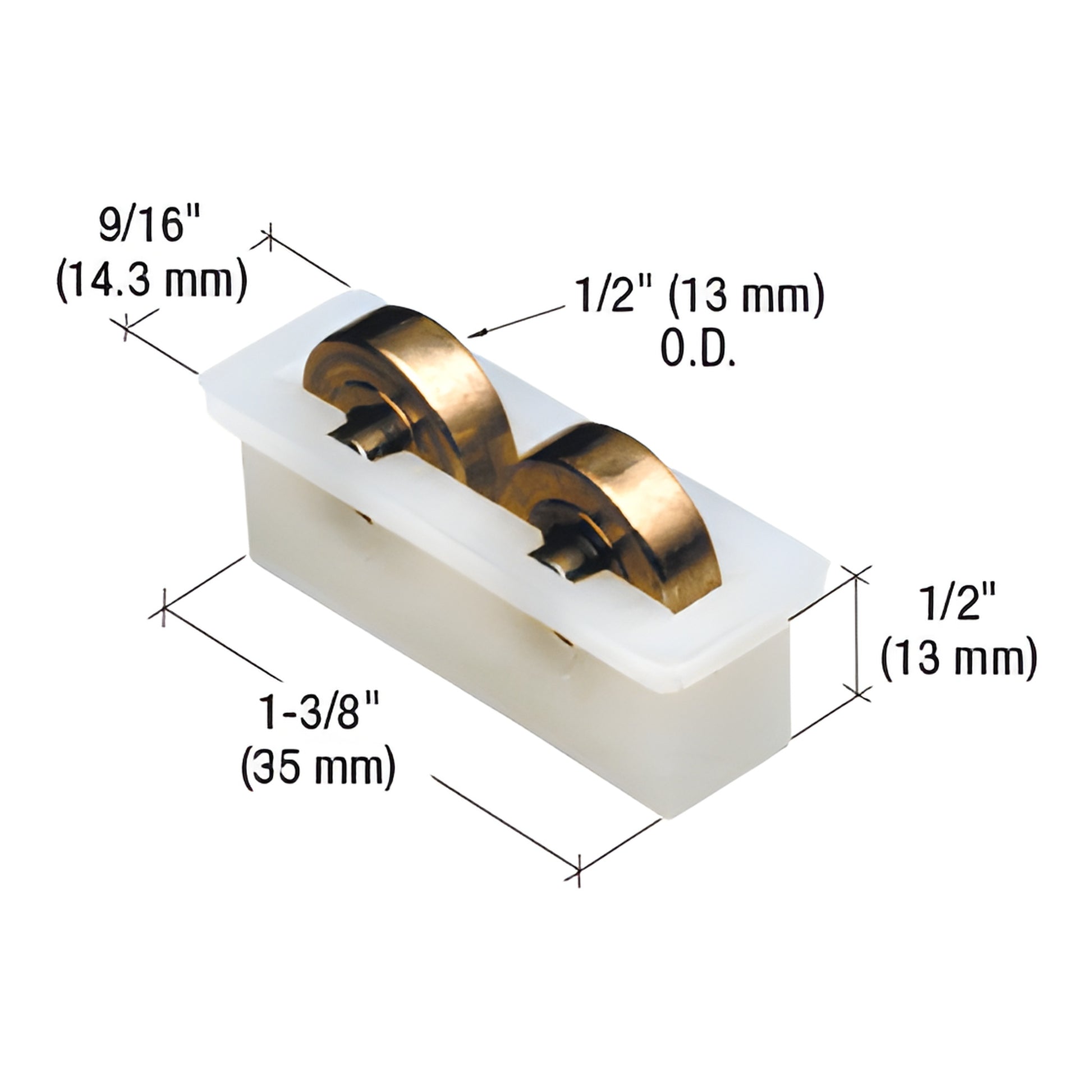 CRL G3119 window roller, nylon 9/16 in housing with two 1/2 in flat-edge brass tandem rollers, 1-3/8 in long