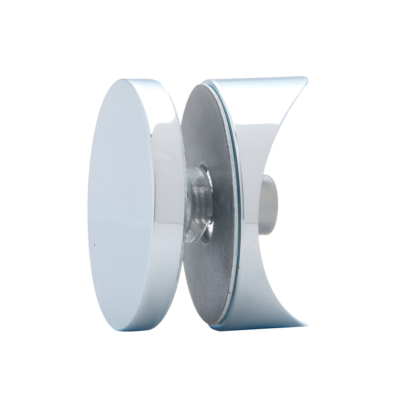 Polished chrome Hydroslide 180 glass-to-track connector (HYDG180CH), brass two-disc clamp for frameless shower doors.