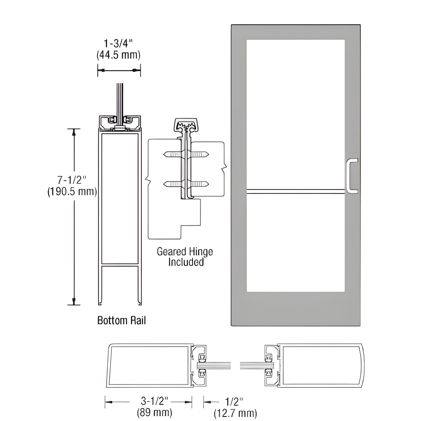 Standard medium stile entrance door HE42811R136, clear anodized, 1" glass ready, 31 2" stiles, geared hinge included