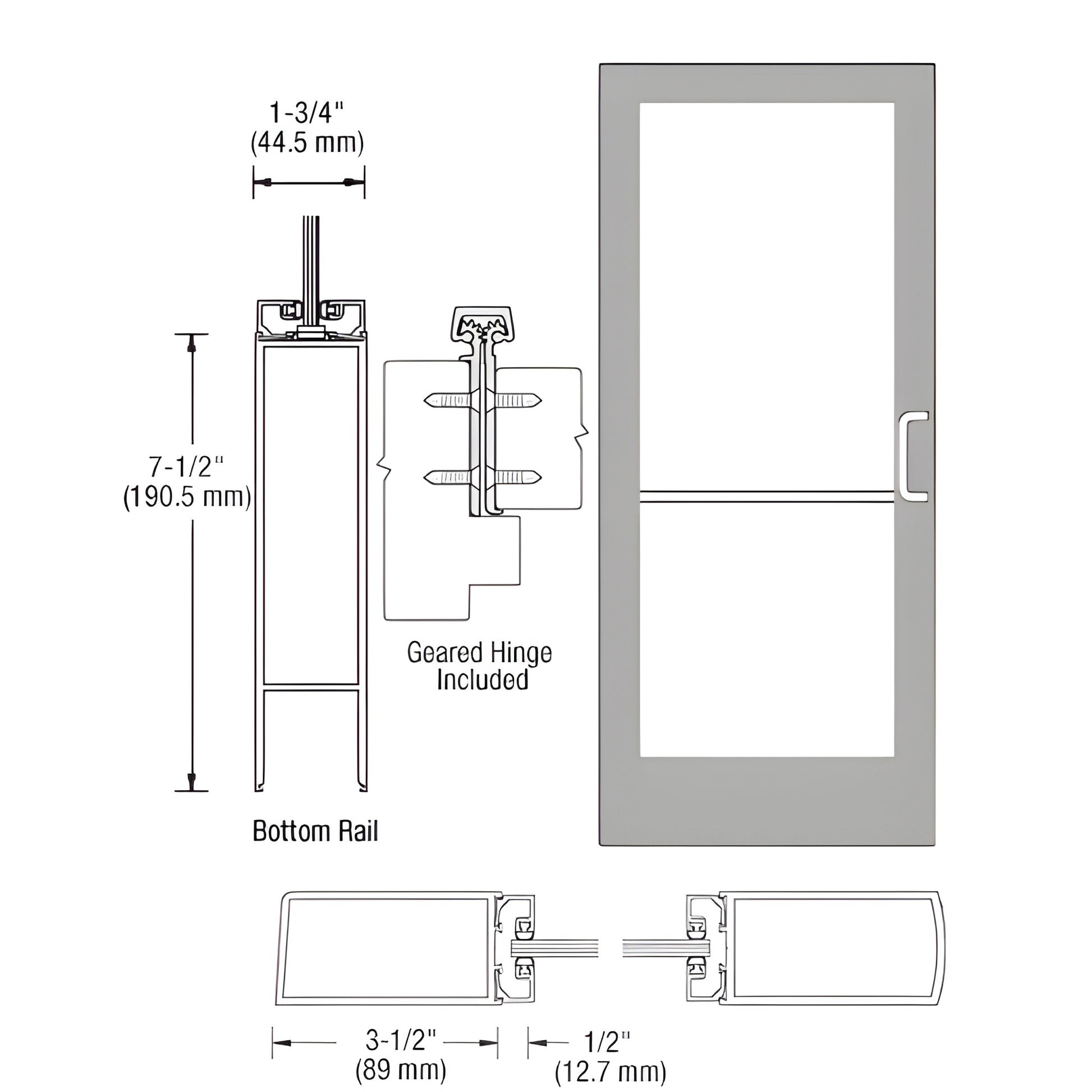 Standard medium stile entrance door HE42811R136, clear anodized, 1" glass ready, 31 2" stiles, geared hinge included