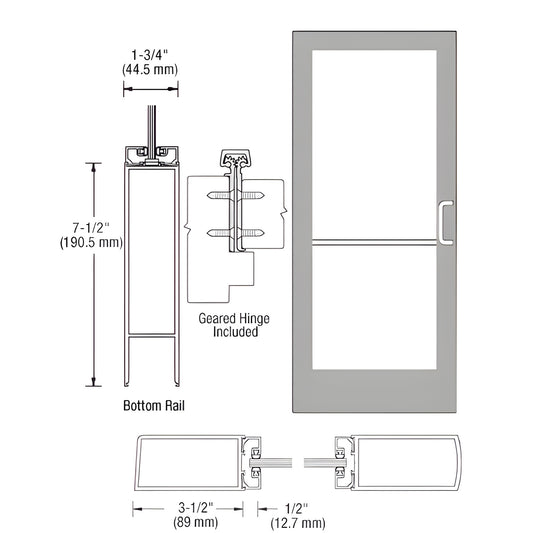 Standard medium stile entrance door HE42811R136, clear anodized, 1" glass ready, 31 2" stiles, geared hinge included