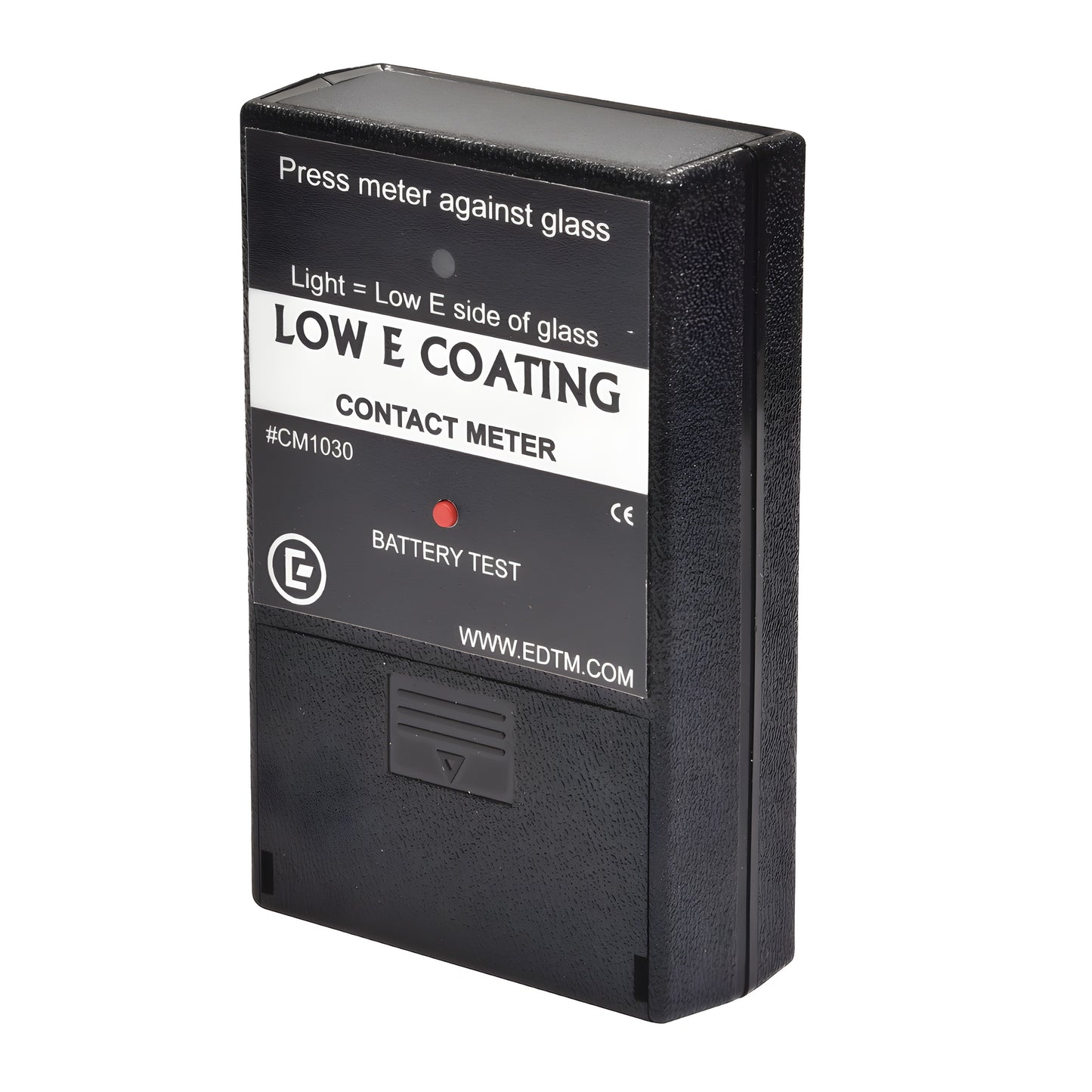 Black CRL Low-E Coating Contact Meter (SKU CM1030), handheld rectangular tester with label and red indicator LED.