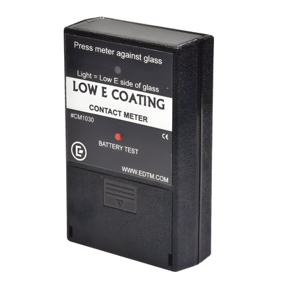 Black CRL Low-E Coating Contact Meter (SKU CM1030), handheld rectangular tester with label and red indicator LED.