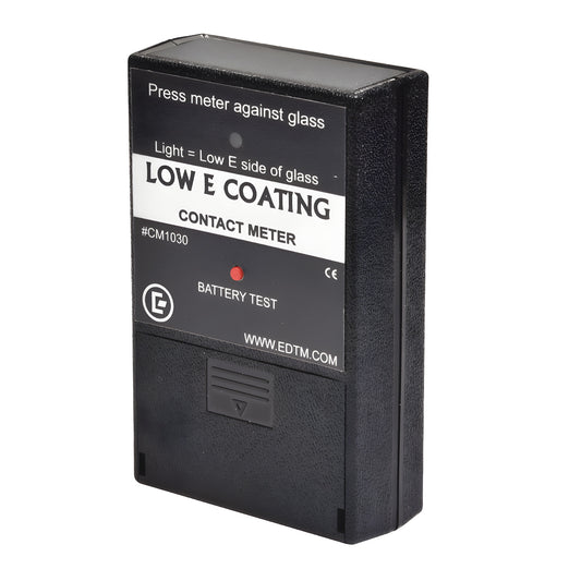 Black CRL Low-E Coating Contact Meter (SKU CM1030), handheld rectangular tester with label and red indicator LED.