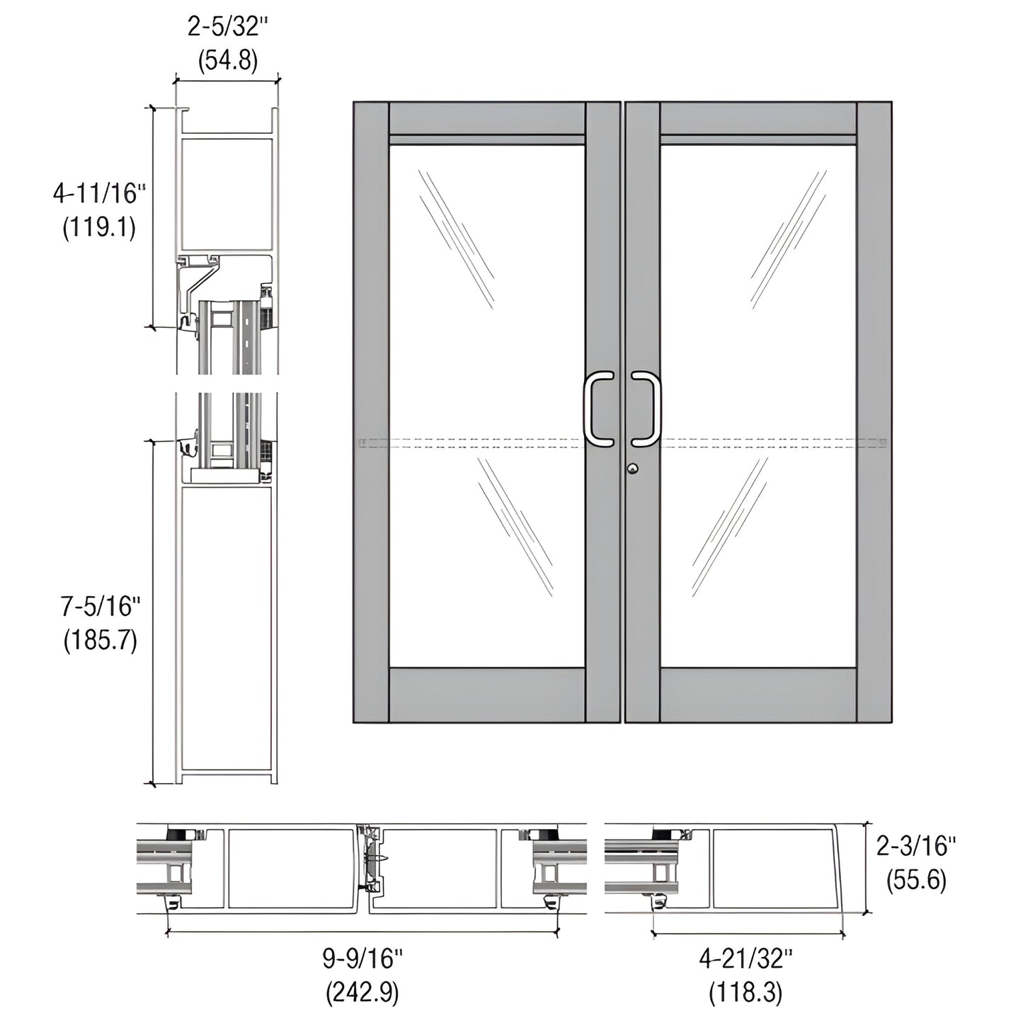 BZ62511 clear-anodized blast resistant double entrance door drawing with stiles, rails, glass stop and dimensions