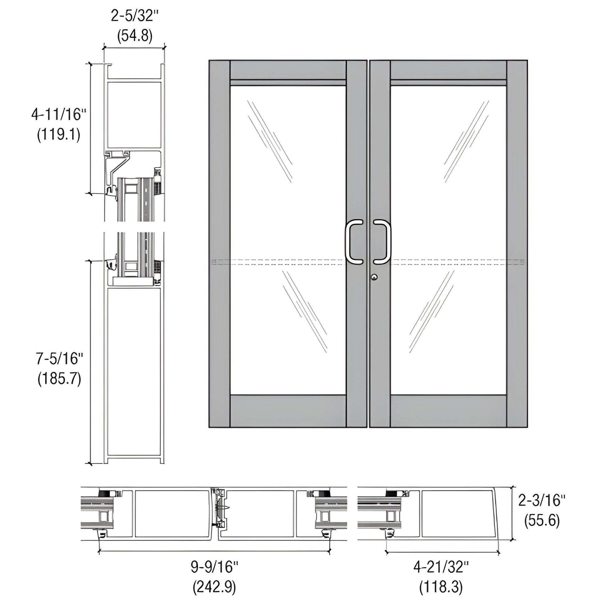 BZ62511 clear-anodized blast resistant double entrance door drawing with stiles, rails, glass stop and dimensions