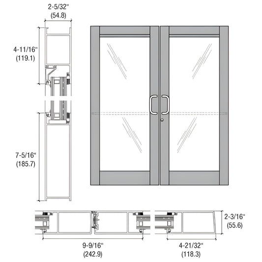BZ62511 clear-anodized blast resistant double entrance door drawing with stiles, rails, glass stop and dimensions