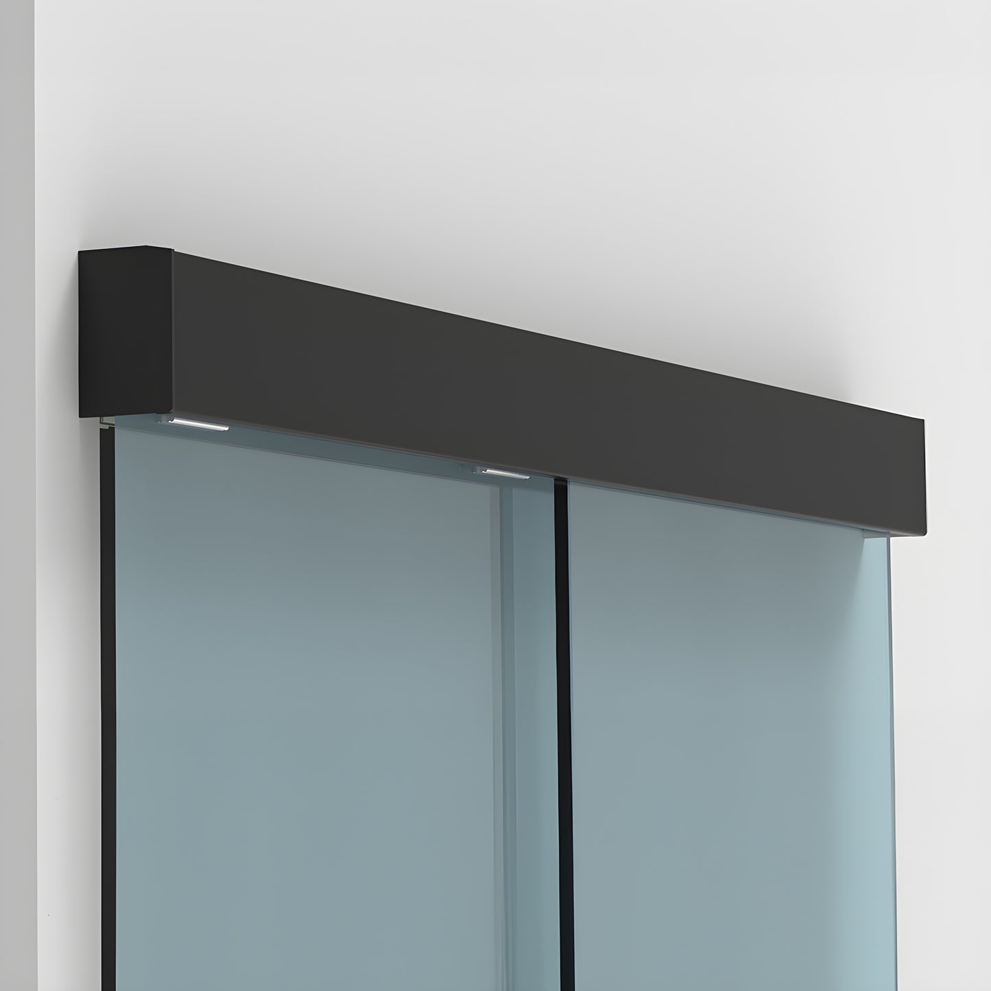 CRL501MBL matte black wall-mounted sliding glass door hardware with tempered glass panels.