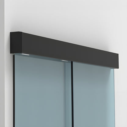 CRL501MBL matte black wall-mounted sliding glass door hardware with tempered glass panels.