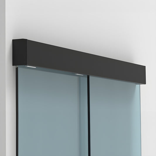 CRL501MBL matte black wall-mounted sliding glass door hardware with tempered glass panels.