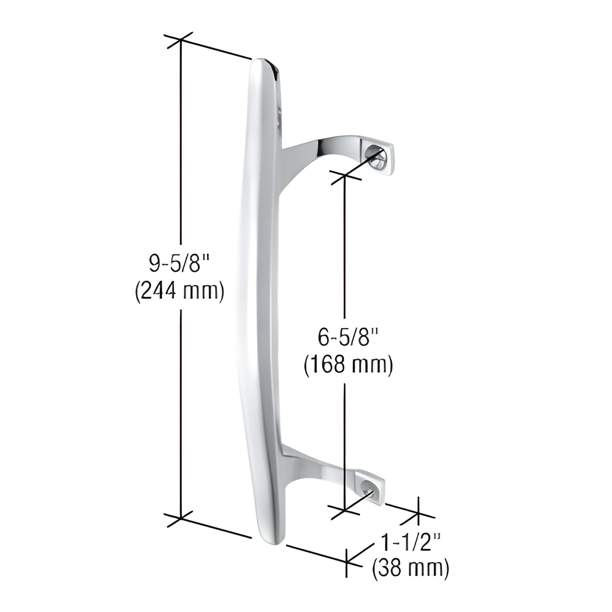 Chrome aluminum inside door pull (SKU C1067), 9-5/8" handle, 6-5/8" screw spacing, 1-1/2" projection.