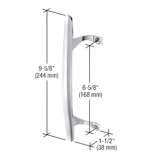 Chrome aluminum inside door pull (SKU C1067), 9-5/8" handle, 6-5/8" screw spacing, 1-1/2" projection.