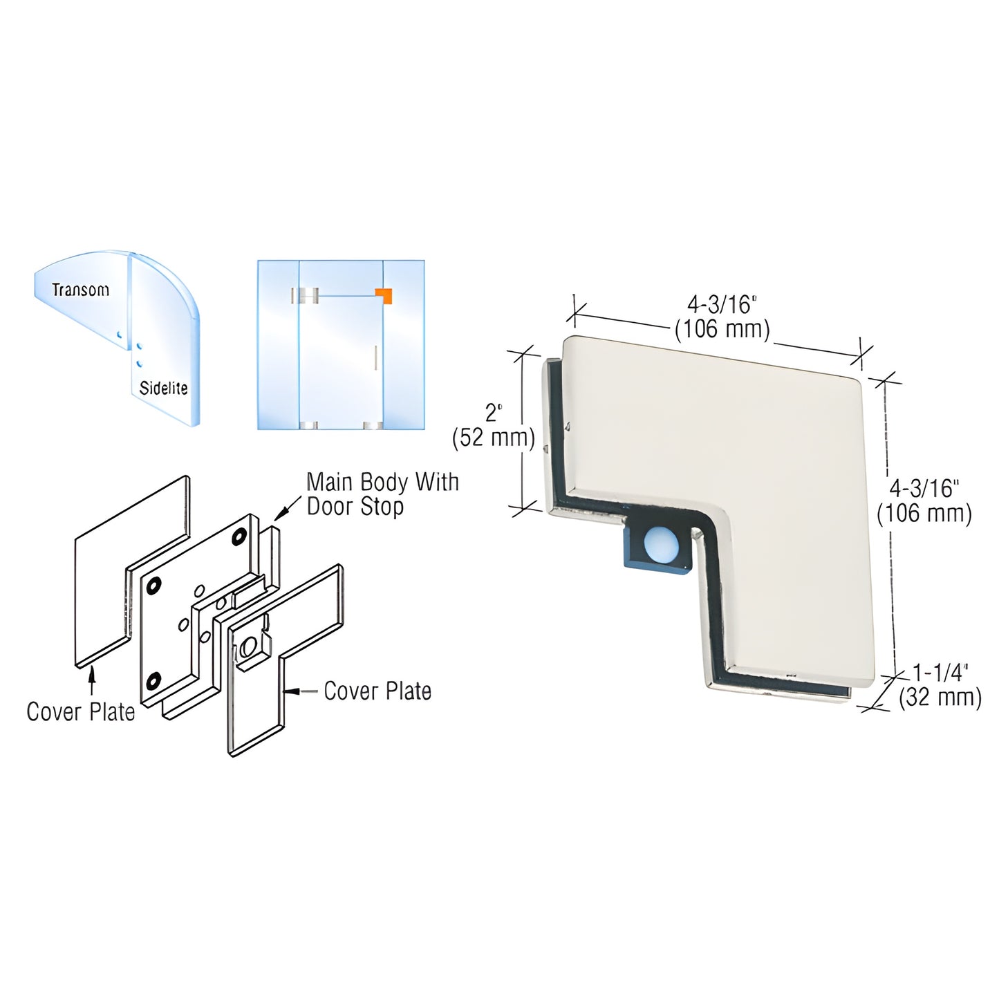 PH60A satin anodized sidelite-to-transom patch connector for 3/8-1/2" tempered glass with reversible door stop.