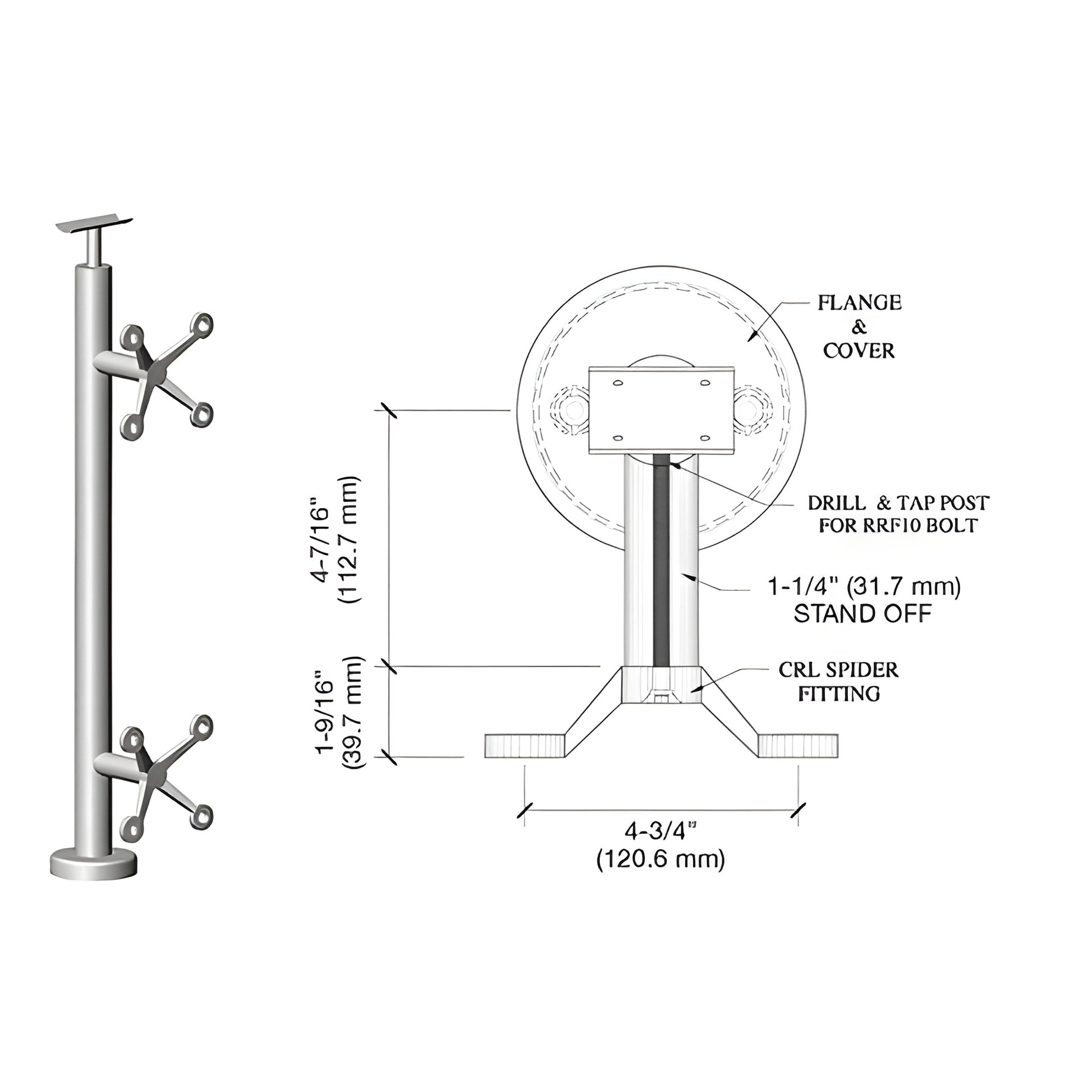 P642CBS stainless steel spider post railing kit with base plate and fixed glass spider fittings, 4-3/4 base.