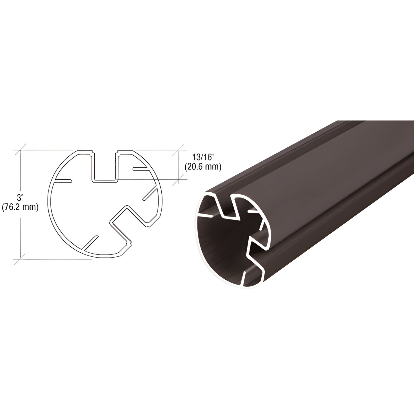 RP560BRZ matte bronze aluminum round post, 3" dia, 135 glass post profile for 1/4-1/2" panels