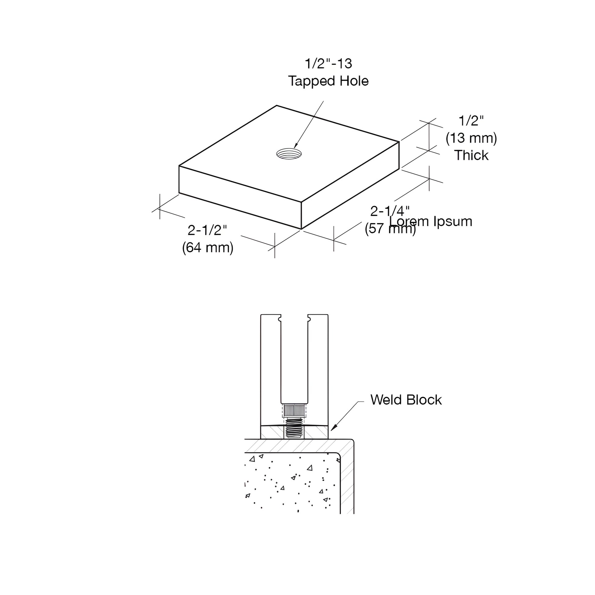 Steel weld-on block with centered 1/2"-13 tapped hole, A36 rectangular plate, SKU BSWB12